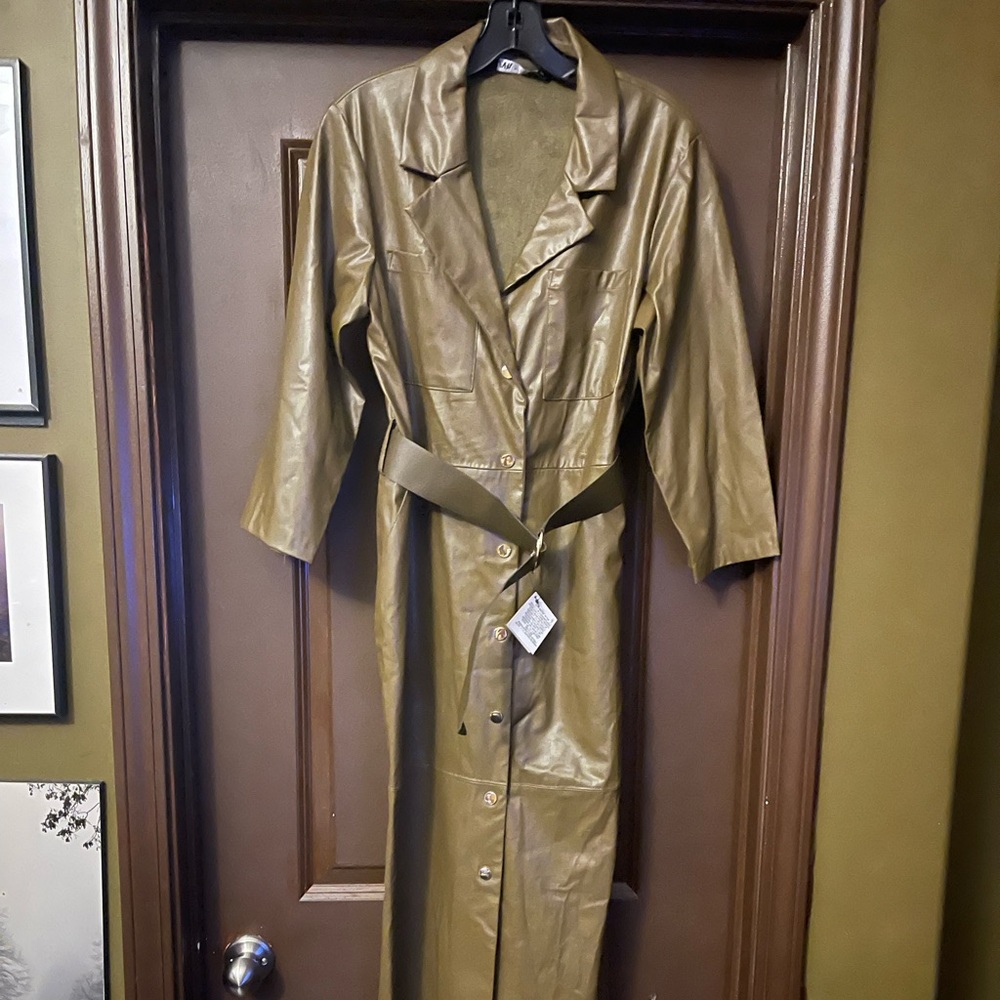 ZARA NWT FOREST GREEN FAUX LEATHER DRESS BELTED SIZE L travel 12/27-1/2 no ship